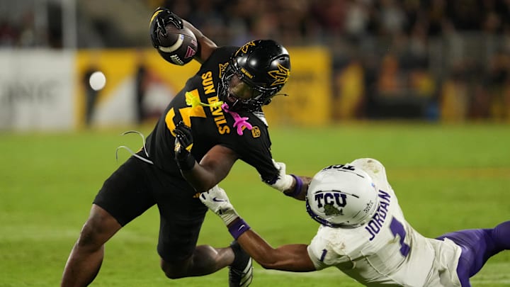 Sep 26, 2025; Tempe, Arizona, USA; Arizona State Sun Devils running back Raleek Brown (3) is tackled by TCU Horned Frogs safety Austin Jordan (1) in the second half at Mountain America Stadium, Home of the ASU Sun Devils. Mandatory Credit: Jacob Reiner-Imagn Images Sep 26, 2025; Tempe, Arizona, USA; Arizona State Sun Devils running back Raleek Brown (3) is tackled by TCU Horned Frogs safety Austin Jordan (1) in the second half at Mountain America Stadium, Home of the ASU Sun Devils. Mandatory Credit: Jacob Reiner-Imagn Images