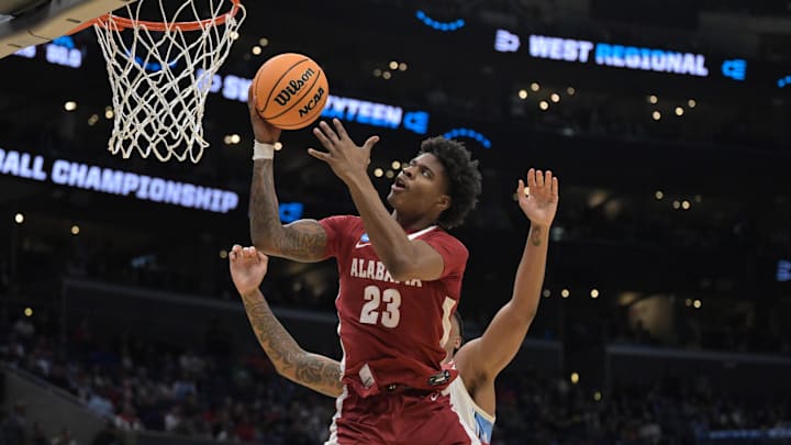 Mar 28, 2024; Los Angeles, CA, USA; Alabama Crimson Tide forward Nick Pringle (23) shoots against North Carolina Tar Heels forward Armando Bacot (5) in the second half in the semifinals of the West Regional of the 2024 NCAA Tournament at Crypto.com Arena. Mandatory Credit: Jayne Kamin-Oncea-Imagn Images Mar 28, 2024; Los Angeles, CA, USA; Alabama Crimson Tide forward Nick Pringle (23) shoots against North Carolina Tar Heels forward Armando Bacot (5) in the second half in the semifinals of the West Regional of the 2024 NCAA Tournament at Crypto.com Arena. Mandatory Credit: Jayne Kamin-Oncea-Imagn Images