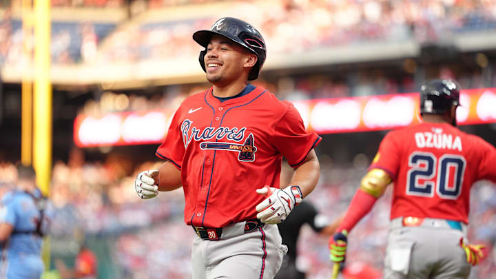 Aug 28, 2025; Philadelphia, Pennsylvania, USA; Atlanta Braves catcher Drake Baldwin (30) reacts after scoring a run against the Philadelphia Phillies in the first inning at Citizens Bank Park. Mandatory Credit: Kyle Ross-Imagn Images