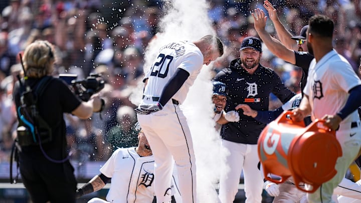 Detroit Tigers first baseman Spencer Torkelson (20) celebrates a walk-off home run against Milwaukee Brewers during the ninth inning at Comerica Park in Detroit on Thursday, April 23, 2026.