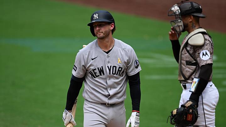 Sep 6, 2026; San Diego, California, USA;  New York Yankees third baseman Ryan McMahon (19) walks back to the dugout after striking out during the seventh inning against San Diego Padres the at Petco Park.  Mandatory Credit: Denis Poroy-Imagn Images