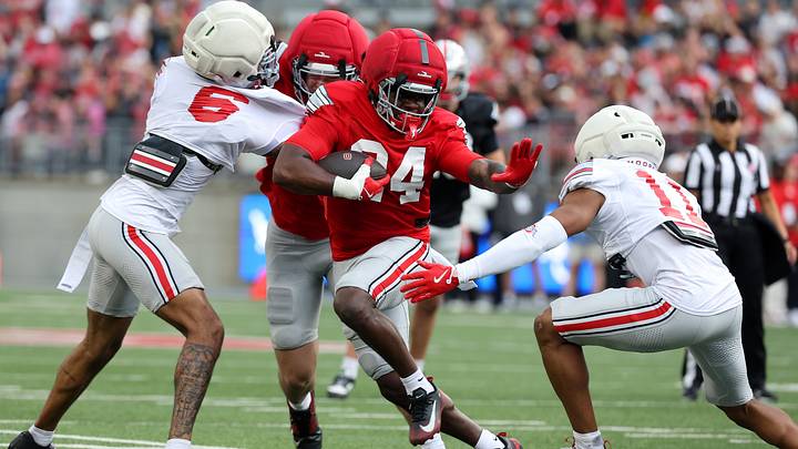 Apr 18, 2026; Columbus, OH, USA; Ohio State Running back Ja'kobi Jackson (24) runs the ball during the annual spring game at Ohio Stadium. Mandatory Credit: Joseph Maiorana-Imagn Images Apr 18, 2026; Columbus, OH, USA; Ohio State Running back Ja'kobi Jackson (24) runs the ball during the annual spring game at Ohio Stadium. Mandatory Credit: Joseph Maiorana-Imagn Images