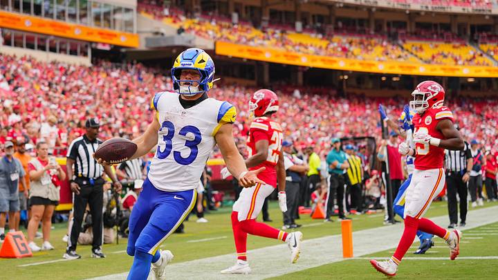 Aug 15, 2026; Kansas City, Missouri, USA; Los Angeles Rams running back Dean Connors (33) scores a touchdown during the second half against the Kansas City Chiefs at at Arrowhead Stadium. Mandatory Credit: Jay Biggerstaff-Imagn Images