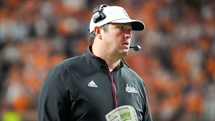 Mississippi State head coach Jeff Lebby during a college football game between Tennessee and Mississippi State at Neyland Stadium in Knoxville, Tenn., on Saturday, Nov. 9, 2024.