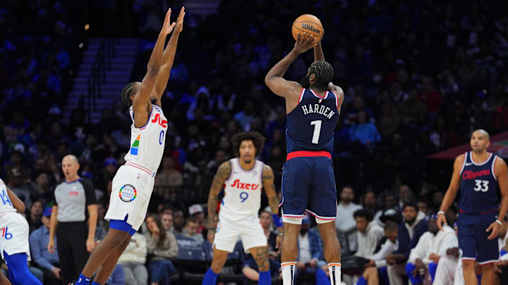 Nov 24, 2024; Philadelphia, Pennsylvania, USA; Los Angeles Clippers guard James Harden (1) shoots the ball against Philadelphia 76ers guard Tyrese Maxey (0) in the second quarter at Wells Fargo Center. Mandatory Credit: Kyle Ross-Imagn Images Nov 24, 2024; Philadelphia, Pennsylvania, USA; Los Angeles Clippers guard James Harden (1) shoots the ball against Philadelphia 76ers guard Tyrese Maxey (0) in the second quarter at Wells Fargo Center. Mandatory Credit: Kyle Ross-Imagn Images
