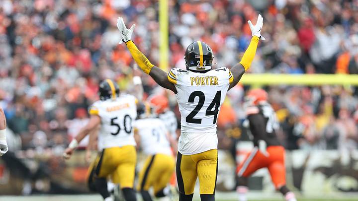 Dec 28, 2025; Cleveland, Ohio, USA; Pittsburgh Steelers cornerback Joey Porter Jr. (24) reacts in the second quarter against the Cleveland Browns at Huntington Bank Field. Mandatory Credit: Scott Galvin-Imagn Images