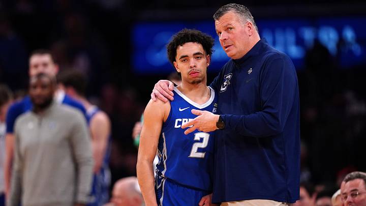 Creighton Bluejays head coach Greg McDermott talks with Creighton Bluejays guard Ryan Nembhard (2) in the second half of an NCAA college basketball game against the Xavier Musketeers during the semifinal round of the Big East Conference tournament, Friday, March 10, 2023, at Madison Square Garden in New York.