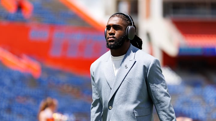Sep 6, 2025; Gainesville, Florida, USA; Florida Gators linebacker Myles Graham (5) walks on the field during Gator Walk before a game against the South Florida Bulls at Ben Hill Griffin Stadium. Mandatory Credit: Matt Pendleton-Imagn Images