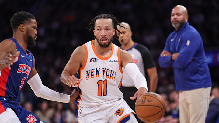 Dec 7, 2024; New York, New York, USA; New York Knicks guard Jalen Brunson (11) dribbles against Detroit Pistons guard Malik Beasley (5) during the second half at Madison Square Garden. Mandatory Credit: Vincent Carchietta-Imagn Images Dec 7, 2024; New York, New York, USA; New York Knicks guard Jalen Brunson (11) dribbles against Detroit Pistons guard Malik Beasley (5) during the second half at Madison Square Garden. Mandatory Credit: Vincent Carchietta-Imagn Images