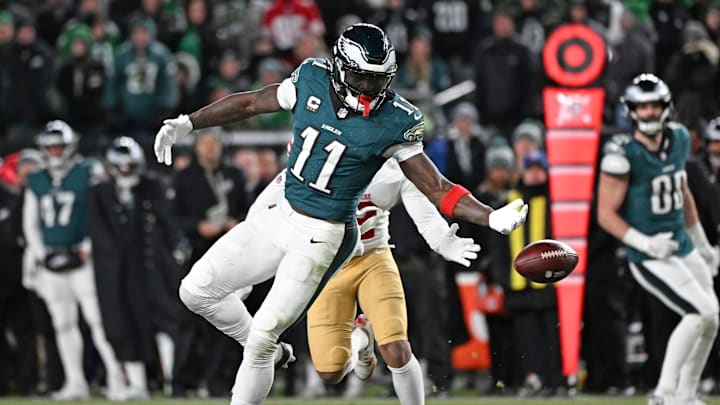 Jan 11, 2026; Philadelphia, PA, USA; Philadelphia Eagles wide receiver A.J. Brown (11) can't make catch during the fourth quarter against the San Francisco 49ers in an NFC Wild Card Round game at Lincoln Financial Field. Mandatory Credit: Eric Hartline-Imagn Images Jan 11, 2026; Philadelphia, PA, USA; Philadelphia Eagles wide receiver A.J. Brown (11) can't make catch during the fourth quarter against the San Francisco 49ers in an NFC Wild Card Round game at Lincoln Financial Field. Mandatory Credit: Eric Hartline-Imagn Images