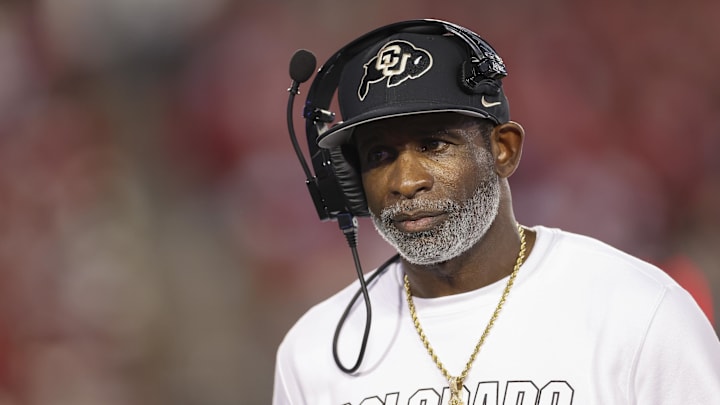 Sep 12, 2025; Houston, Texas, USA; Colorado Buffaloes head coach Deion Sanders looks on from the sideline during the first half against the Houston Cougars at TDECU Stadium. Mandatory Credit: Troy Taormina-Imagn Images