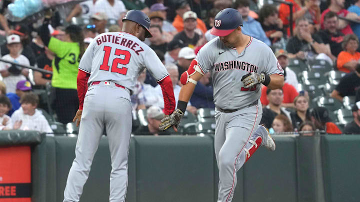 May 16, 2025; Baltimore, Maryland, USA; Washington Nationals first baseman Nathaniel Lowe (33) greeted by coach Ricky Gutierrez (12) following his solo home run in the second inning against the Baltimore Orioles at Oriole Park at Camden Yards. Mandatory Credit: Mitch Stringer-Imagn Images May 16, 2025; Baltimore, Maryland, USA; Washington Nationals first baseman Nathaniel Lowe (33) greeted by coach Ricky Gutierrez (12) following his solo home run in the second inning against the Baltimore Orioles at Oriole Park at Camden Yards. Mandatory Credit: Mitch Stringer-Imagn Images