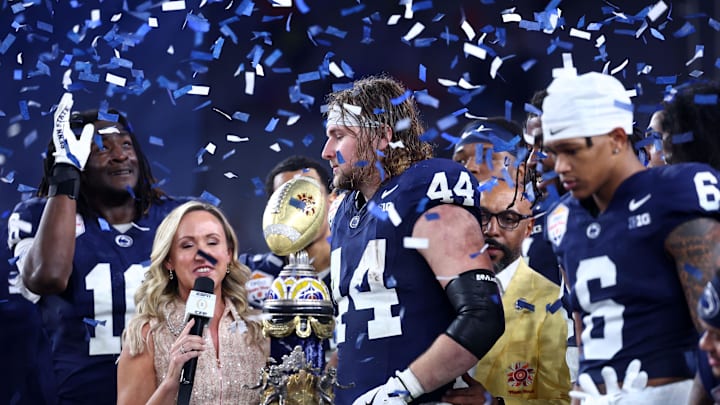 Dec 31, 2024; Glendale, AZ, USA; Penn State Nittany Lions tight end Tyler Warren (44) reacts after being named the offensive MVP for the game against the Boise State Broncos in the Fiesta Bowl at State Farm Stadium. Mandatory Credit: Mark J. Rebilas-Imagn Images Dec 31, 2024; Glendale, AZ, USA; Penn State Nittany Lions tight end Tyler Warren (44) reacts after being named the offensive MVP for the game against the Boise State Broncos in the Fiesta Bowl at State Farm Stadium. Mandatory Credit: Mark J. Rebilas-Imagn Images
