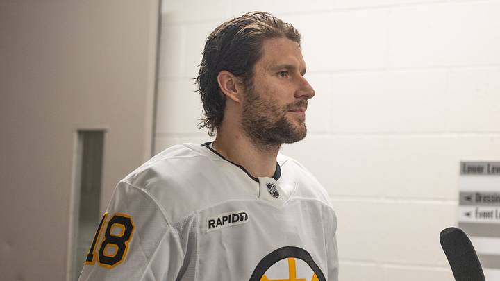 Oct 13, 2026; San Jose, California, USA;  Boston Bruins center Pavel Zacha (18) prepares for warm ups before the start of the first period against the San Jose Sharks at SAP Center at San Jose.  Mandatory Credit: Stan Szeto-Imagn Images