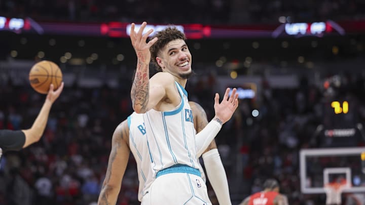 Oct 23, 2024; Houston, Texas, USA; Charlotte Hornets guard LaMelo Ball (1) reacts after a play during the fourth quarter against the Houston Rockets at Toyota Center. Mandatory Credit: Troy Taormina-Imagn Images