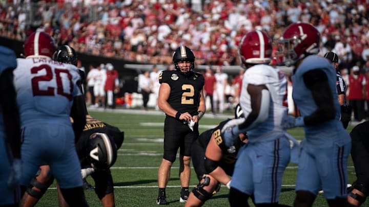 Vanderbilt Commodores quarterback Diego Pavia (2) surveys the Alabama Crimson Tide defense during their game at Vanderbilt Stadium in Nashville, Tenn., Saturday, Oct. 5, 2024. Vanderbilt Commodores quarterback Diego Pavia (2) surveys the Alabama Crimson Tide defense during their game at Vanderbilt Stadium in Nashville, Tenn., Saturday, Oct. 5, 2024.