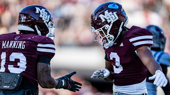 Mississippi State safety Jahron Manning (13) and safety Brylan Lanier (3) celebrate during a college football game between Mississippi State and Ole Miss at Davis Wade Stadium in Starkville, Miss., on Friday, Nov. 28, 2025. Ole Miss defeated Mississippi State 38-19 in the Egg Bowl. Mississippi State safety Jahron Manning (13) and safety Brylan Lanier (3) celebrate during a college football game between Mississippi State and Ole Miss at Davis Wade Stadium in Starkville, Miss., on Friday, Nov. 28, 2025. Ole Miss defeated Mississippi State 38-19 in the Egg Bowl.