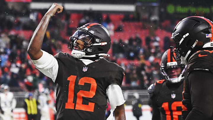Dec 7, 2025; Cleveland, Ohio, USA; Cleveland Browns quarterback Shedeur Sanders (12) celebrates after scoring a touchdown against the Tennessee Titans during the fourth quarter at Huntington Bank Field. Mandatory Credit: Ken Blaze-Imagn Images Dec 7, 2025; Cleveland, Ohio, USA; Cleveland Browns quarterback Shedeur Sanders (12) celebrates after scoring a touchdown against the Tennessee Titans during the fourth quarter at Huntington Bank Field. Mandatory Credit: Ken Blaze-Imagn Images