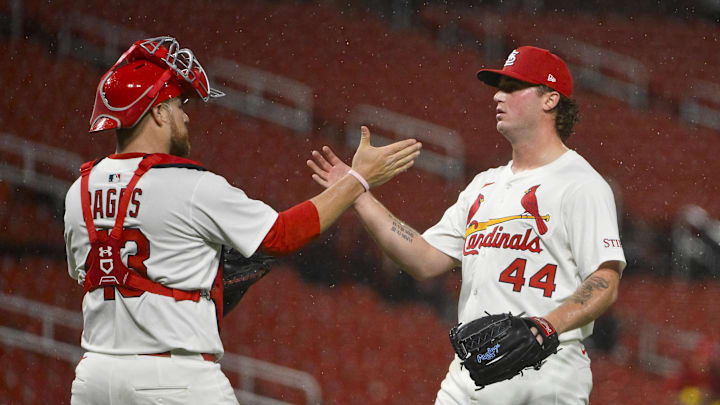 May 19, 2025; St. Louis, Missouri, USA;  St. Louis Cardinals relief pitcher Gordon Graceffo (44) and catcher Pedro Pages (43) celebrate after the Cardinals defeated the Detroit Tigers at Busch Stadium. Mandatory Credit: Jeff Curry-Imagn Images