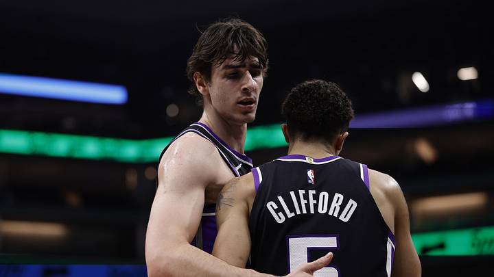 Mar 11, 2026; Sacramento, California, USA; Sacramento Kings center Maxime Raynaud (42) celebrates with guard Nique Clifford (5) after a play against the Charlotte Hornets during the second quarter at Golden 1 Center. Mandatory Credit: Kelley L Cox-Imagn Images