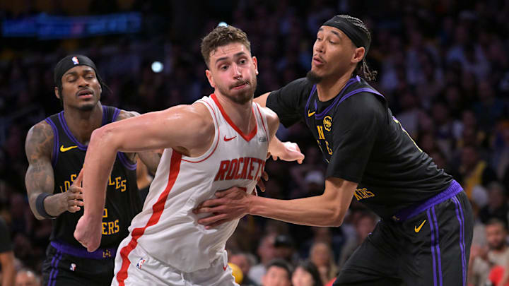 Apr 21, 2026; Los Angeles, California, USA; Los Angeles Lakers forward Jarred Vanderbilt (2) and center Jaxson Hayes (11) box out Houston Rockets center Alperen Sengun (28) during the second half of game two of the first round of the 2026 NBA Playoffs at Crypto.com Arena. Mandatory Credit: Jayne Kamin-Oncea-Imagn Images