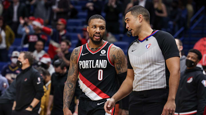 Dec 21, 2021; New Orleans, Louisiana, USA; Portland Trail Blazers guard Damian Lillard (0) is ejected after communicating with the referee against New Orleans Pelicans during the second half at Smoothie King Center. Mandatory Credit: Stephen Lew-Imagn Images