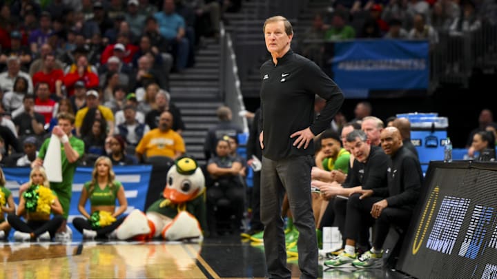 Mar 23, 2025; Seattle, WA, USA;  Oregon Ducks head coach Dana Altman works the sideline against the Arizona Wildcats in the first half at Climate Pledge Arena. Mandatory Credit: Stephen Brashear-Imagn Images