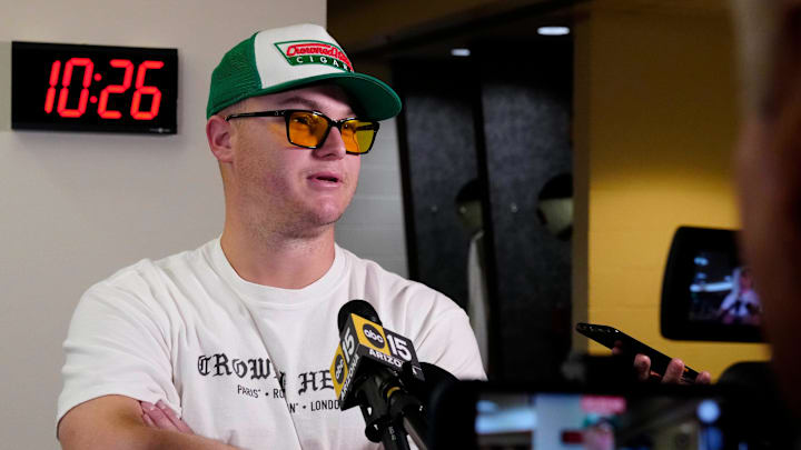 Diamondbacks' Joc Pederson speaks to the media as he cleans out his locker at Chase Field the day after the team was eliminated from playoff contention in Phoenix on Oct. 1, 2024. Diamondbacks' Joc Pederson speaks to the media as he cleans out his locker at Chase Field the day after the team was eliminated from playoff contention in Phoenix on Oct. 1, 2024.