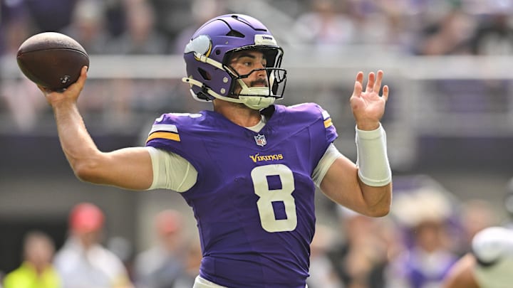 Aug 9, 2025; Minneapolis, Minnesota, USA; Minnesota Vikings quarterback Sam Howell (8) throws a pass against the Houston Texans during the second quarter at U.S. Bank Stadium.