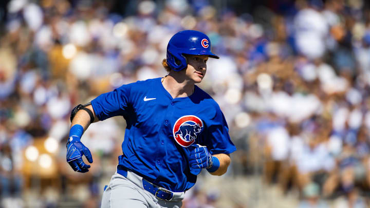 Chicago Cubs outfielder Owen Caissie against the Los Angeles Dodgers during a spring training game at Camelback Ranch-Glendale.