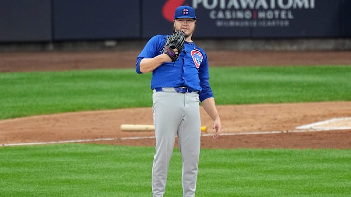 Chicago Cubs pitcher Justin Steele (35) watches a fly ball caught for an out during the sixth inning of their game against the Milwaukee Brewers Monday, May 27, 2024 at American Family Field in Milwaukee, Wisconsin.