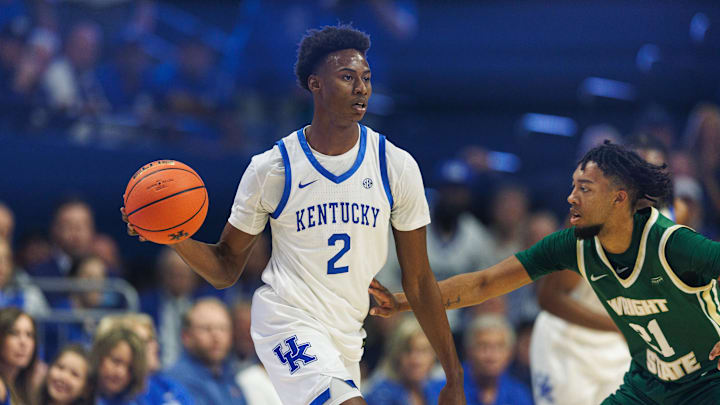 Nov 4, 2024; Lexington, Kentucky, USA; Kentucky Wildcats guard Jaxson Robinson (2) looks to pass the ball during the first half against the Wright State Raiders at Rupp Arena at Central Bank Center. Mandatory Credit: Jordan Prather-Imagn Images