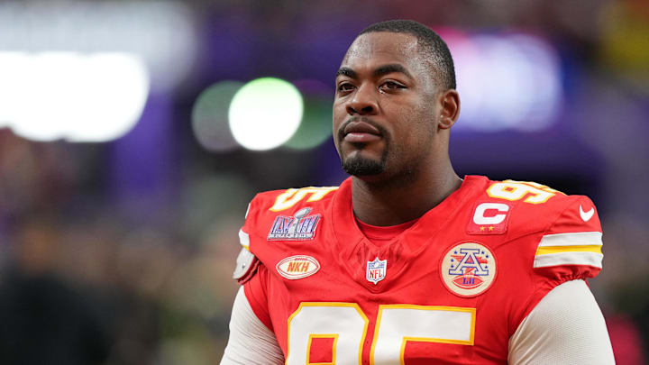Feb 11, 2024; Paradise, Nevada, USA; Kansas City Chiefs defensive tackle Chris Jones (95) warms up