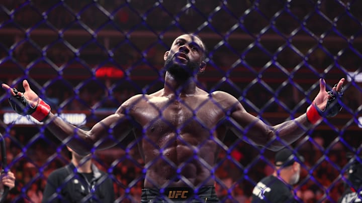 May 6, 2023; Newark, New Jersey, USA; Aljamain Sterling (red gloves) reacts after defeating Henry