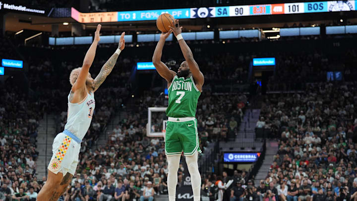 Mar 29, 2025; San Antonio, Texas, USA; Boston Celtics guard Jaylen Brown (7) shoots over San Antonio Spurs forward Jeremy Sochan (10) in the second half at Frost Bank Center. Mandatory Credit: Daniel Dunn-Imagn Images Mar 29, 2025; San Antonio, Texas, USA; Boston Celtics guard Jaylen Brown (7) shoots over San Antonio Spurs forward Jeremy Sochan (10) in the second half at Frost Bank Center. Mandatory Credit: Daniel Dunn-Imagn Images