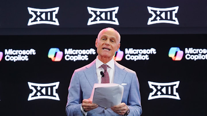 Jul 8, 2025; Frisco, TX, USA; Big 12 Commissioner Brett Yormark addresses the media during the 2025 Big 12 Football Media Days at The Star. Mandatory Credit: Raymond Carlin III-Imagn Images