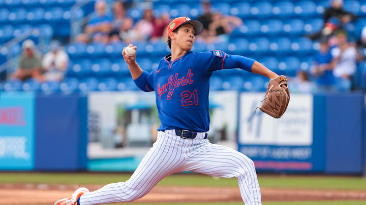 Mar 3, 2026; Port St. Lucie, FL, USA; New York Mets pitcher Jonah Tong (21) delivers a pitch against Nicaragua during the first inning at Clover Park. Mandatory Credit: Sam Navarro-Imagn Images