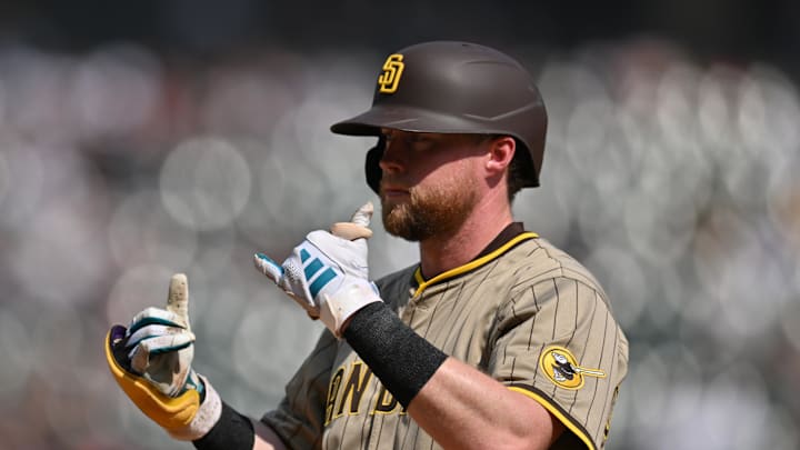 Sep 21, 2025; Chicago, Illinois, USA; San Diego Padres shortstop Jake Cronenworth (9) celebrates after hitting an RBI single against the Chicago White Sox during the second inning at Rate Field. Mandatory Credit: Patrick Gorski-Imagn Images