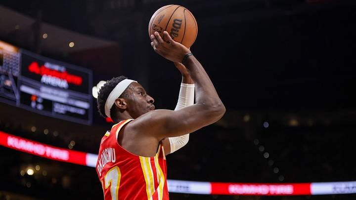 Dec 5, 2025; Atlanta, Georgia, USA; Atlanta Hawks forward Onyeka Okongwu (17) shoots against the Denver Nuggets in the first quarter at State Farm Arena. Mandatory Credit: Brett Davis-Imagn Images