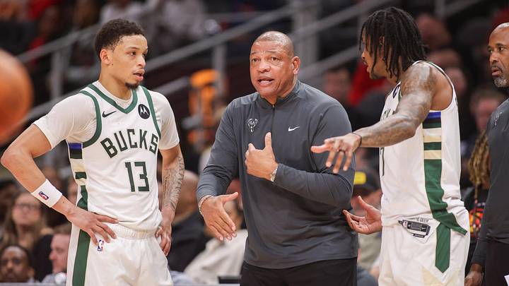 Mar 14, 2026; Atlanta, Georgia, USA; Milwaukee Bucks head coach Doc Rivers talks to guard Ryan Rollins (13) and guard Kevin Porter Jr. (7) against the Atlanta Hawks in the second quarter at State Farm Arena. Mandatory Credit: Brett Davis-Imagn Images Mar 14, 2026; Atlanta, Georgia, USA; Milwaukee Bucks head coach Doc Rivers talks to guard Ryan Rollins (13) and guard Kevin Porter Jr. (7) against the Atlanta Hawks in the second quarter at State Farm Arena. Mandatory Credit: Brett Davis-Imagn Images