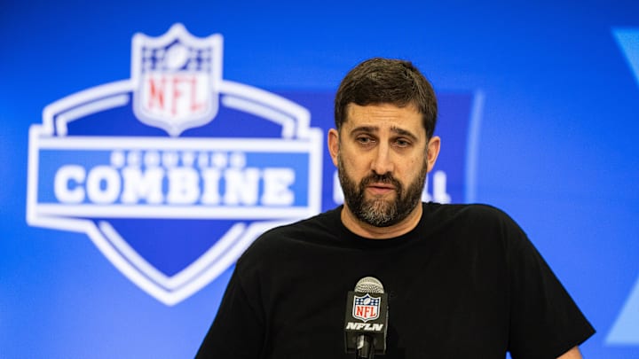 Feb 27, 2024; Indianapolis, IN, USA; Philadelphia Eagles head coach Nick Sirianni talks to the media at the 2024 NFL Combine at Indiana Convention Center. Mandatory Credit: Trevor Ruszkowski-USA TODAY Sports