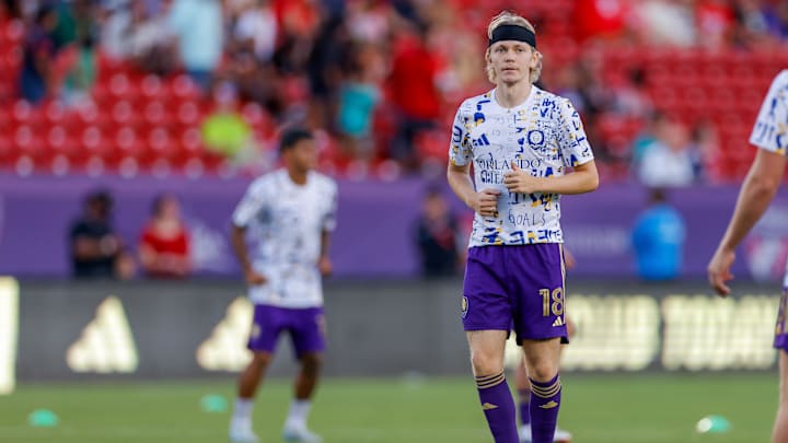 Sep 28, 2024; Frisco, Texas, USA; Orlando City midfielder Heine Bruseth (18) warms up prior to the match against the FC Dallas at Toyota Stadium. Mandatory Credit: Andrew Dieb-Imagn Images