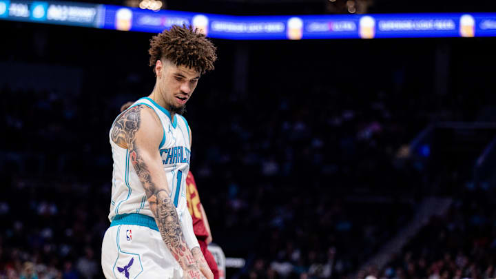Mar 7, 2025; Charlotte, North Carolina, USA; Charlotte Hornets guard LaMelo Ball (1) celebrates a three point basket against the Cleveland Cavaliers during the second quarter at Spectrum Center. Mandatory Credit: Scott Kinser-Imagn Images