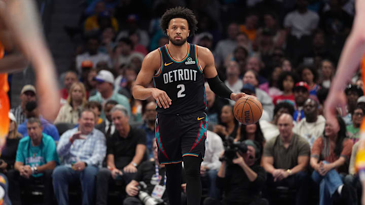 Apr 10, 2026; Charlotte, North Carolina, USA; Detroit Pistons guard Cade Cunningham (2) brings the ball up court against the Charlotte Hornets during first quarter at Spectrum Center. Mandatory Credit: Jim Dedmon-Imagn Images