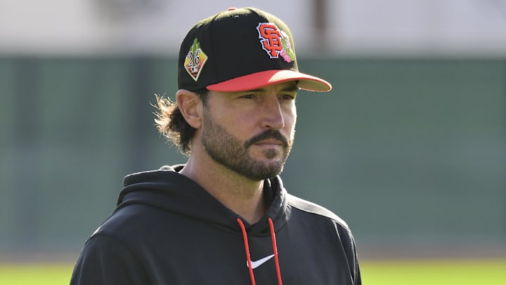Feb 10, 2026; Scottsdale, AZ, USA;  San Francisco Giants manager Tony Vitello looks on during a Spring Training workout at Scottsdale Stadium Mandatory Credit: Matt Kartozian-Imagn Images