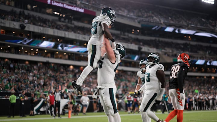 Aug 7, 2025; Philadelphia, Pennsylvania, USA; Philadelphia Eagles center Drew Kendall (66) and running back ShunDerrick Powell (39) celebrate after his touchdown against the Cincinnati Bengals during the third quarter at Lincoln Financial Field. Mandatory Credit: Bill Streicher-Imagn Images