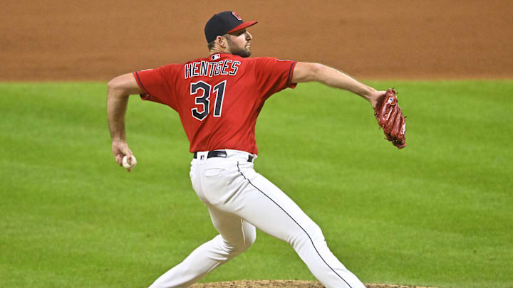 Sep 2, 2023; Cleveland, Ohio, USA; Cleveland Guardians relief pitcher Sam Hentges (31) delivers against the Tampa Bay Rays in the eleventh inning at Progressive Field. Mandatory Credit: David Richard-Imagn Images