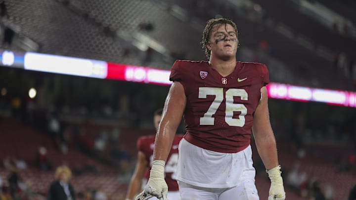 Sep 16, 2023; Stanford, California, USA; Stanford Cardinal offensive lineman Jack Leyrer (76) walks off the field after the game against the Sacramento State Hornets at Stanford Stadium. Mandatory Credit: Sergio Estrada-Imagn Images