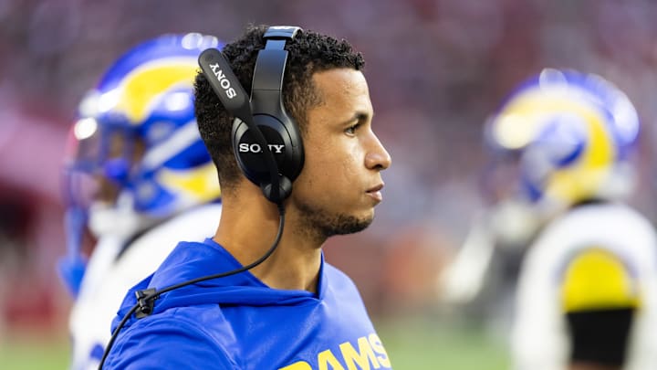 Dec 7, 2025; Glendale, Arizona, USA; Los Angeles Rams  pass game coordinator Nate Scheelhaase against the Arizona Cardinals at State Farm Stadium. Mandatory Credit: Mark J. Rebilas-Imagn Images