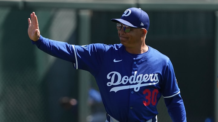Phoenix, Arizona, USA; Los Angeles Dodgers manager Dave Roberts (30) before a game against the Chicago White Sox at Camelback Ranch-Glendale.